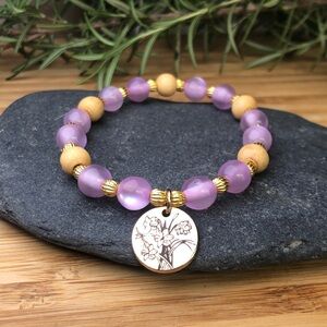 Pink, Gold & Wooden Beaded Stretch Bracelet with Golden Floral Charm